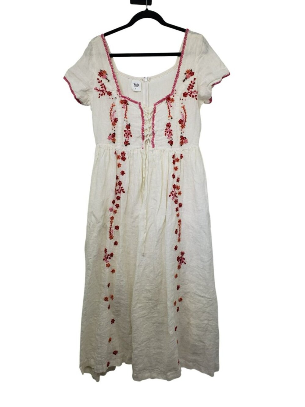 Tach Clothing Raffaella Free People White Pink Linen Floral Embroidered Dress - Picture 3 of 16
